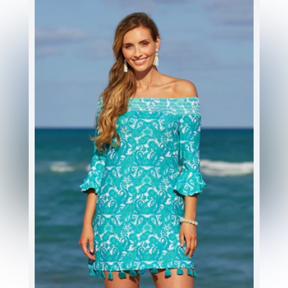 Cabana Life UPF 50 Women's Off-Shoulder Turquoise Resort Mini Dress Beach Cruise - Picture 16 of 16